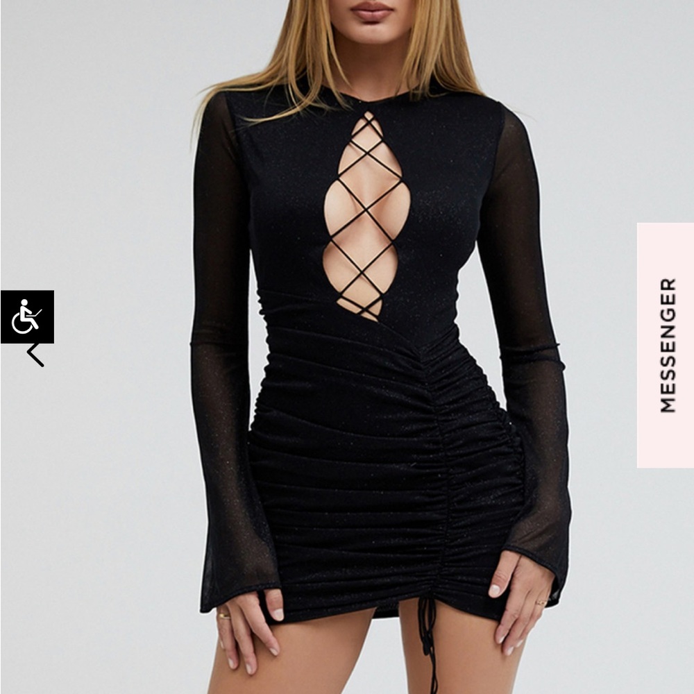 House of CB Black Ruched Mini Dress with Lace-Up Front